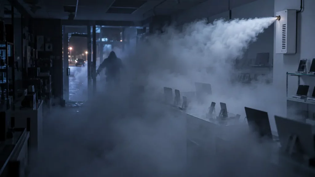 Humo antirrobo llenando una tienda de electrónica tras activarse un cañón de niebla de seguridad durante un intento de robo